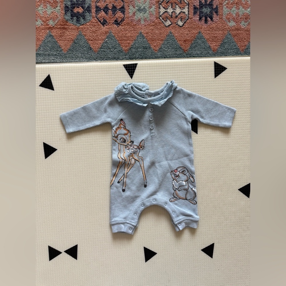 Disney|Baby girl chalk Blue waffle knit jumpsuit,BAMBI & Thumper-Peterpan collar